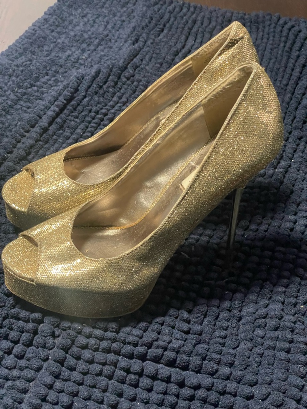 Steve Madden Gold Glitter Peep-Toe Platform Heels